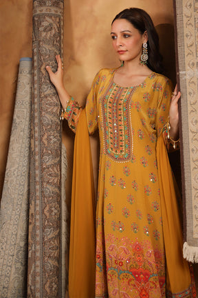 Mustard Color Crepe Silk Printed & Mirror Work Anarkali Suit