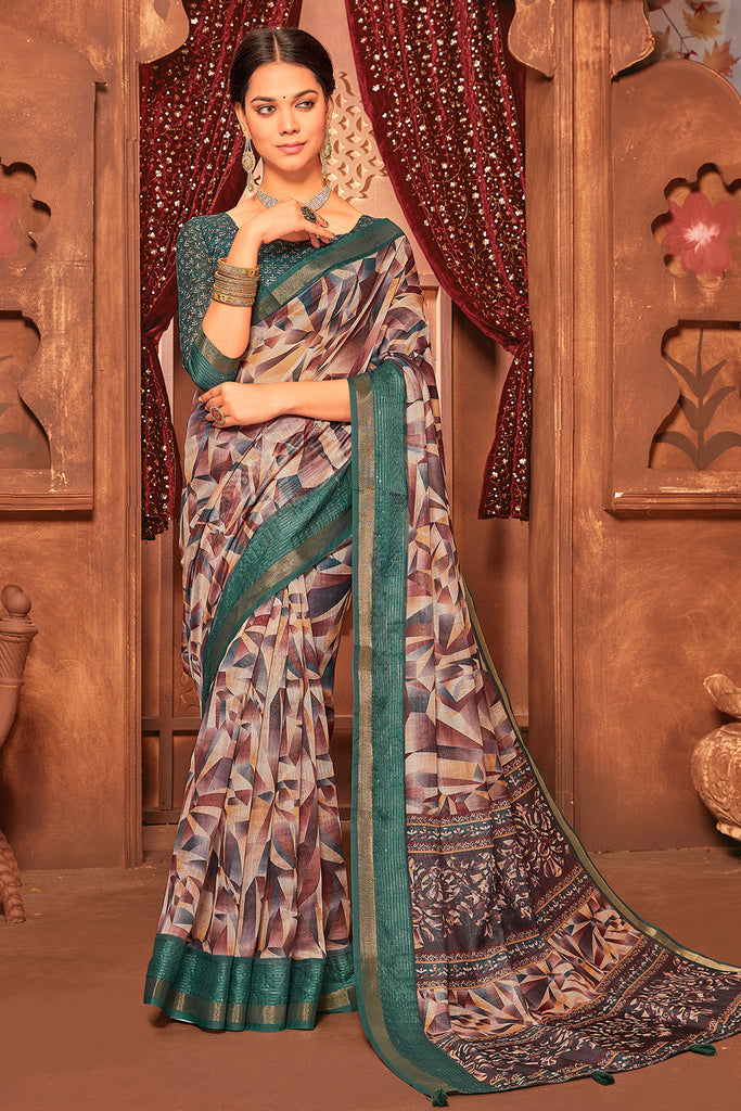 Beige & Bottle Green Color Digital Printed Cotton Saree