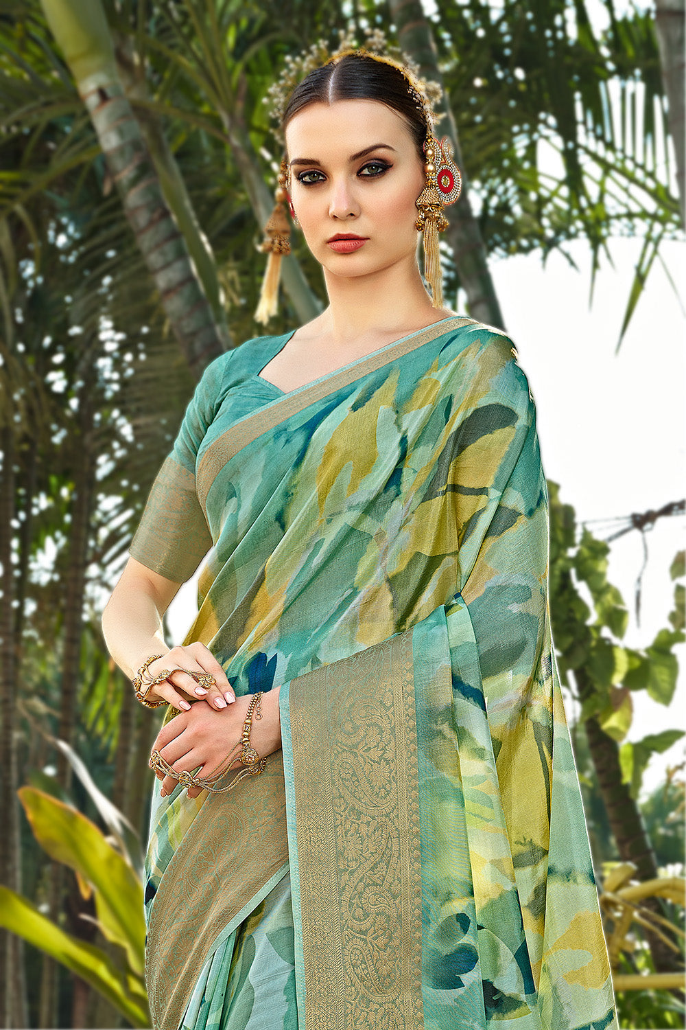 Sea Green Color Modal Silk Printed & Woven Saree