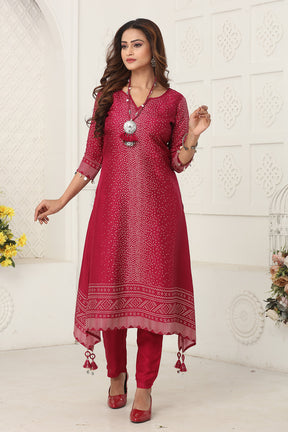 Wine Color Chanderi Soft Cotton Printed Long Kurta Set