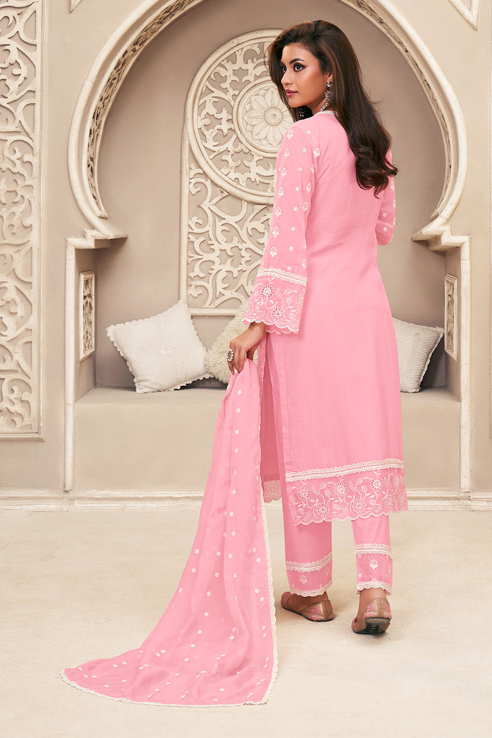 Pink Organza Resham Embroidered Straight Suit with Lining