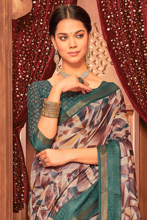 Beige & Bottle Green Color Digital Printed Cotton Saree