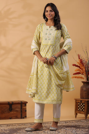 Lemon Green Color Printed Cotton Straight Suti