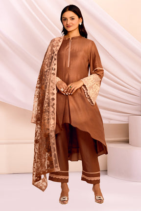 Brown Color Silk Straight Suit