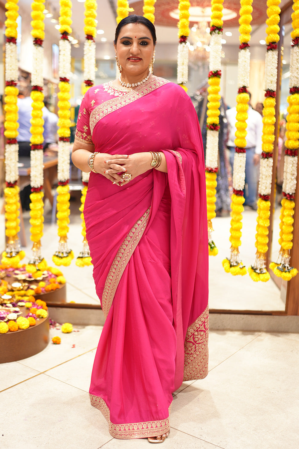 Fuchsia Pink Color Crepe Silk Embroidered Saree