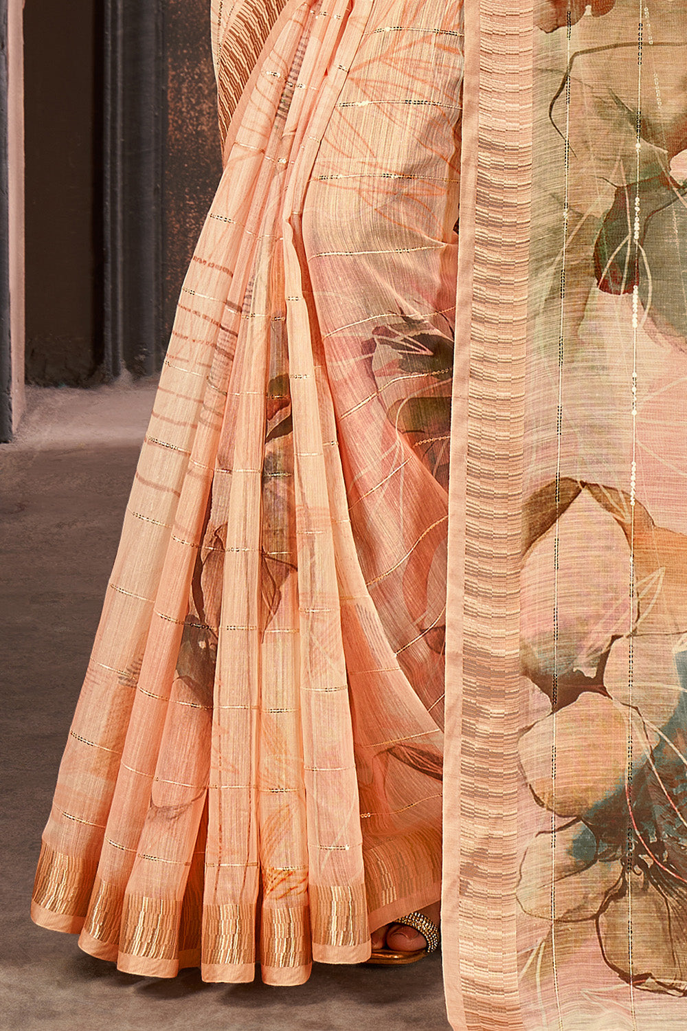 Peach Colour Cotton Floral Printed Saree
