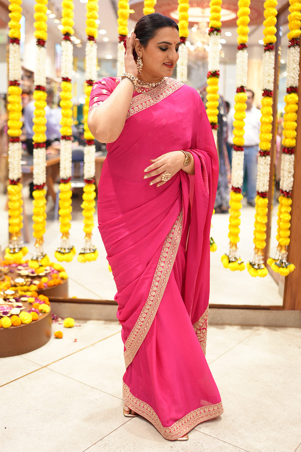 Fuchsia Pink Color Crepe Silk Embroidered Saree