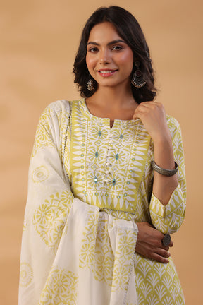 Lemon Green Color Printed Cotton Straight Suti