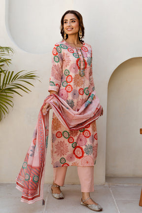 Peach Color Printed Cotton Straight Suit