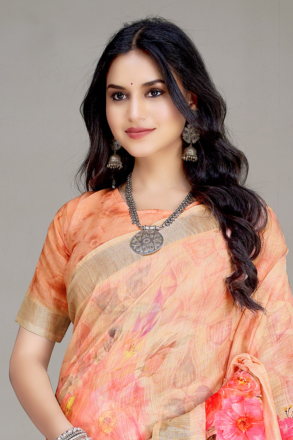 Peach Color Printed Cotton Saree