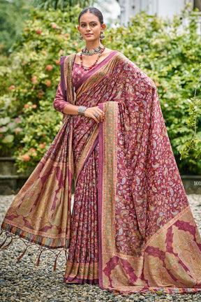 Wine Colour Floral Printed Pashmina Saree With Matching Shawl