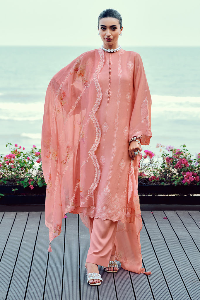 Peach Color Jacquard Cotton Self Woven Unstitched Suit Material