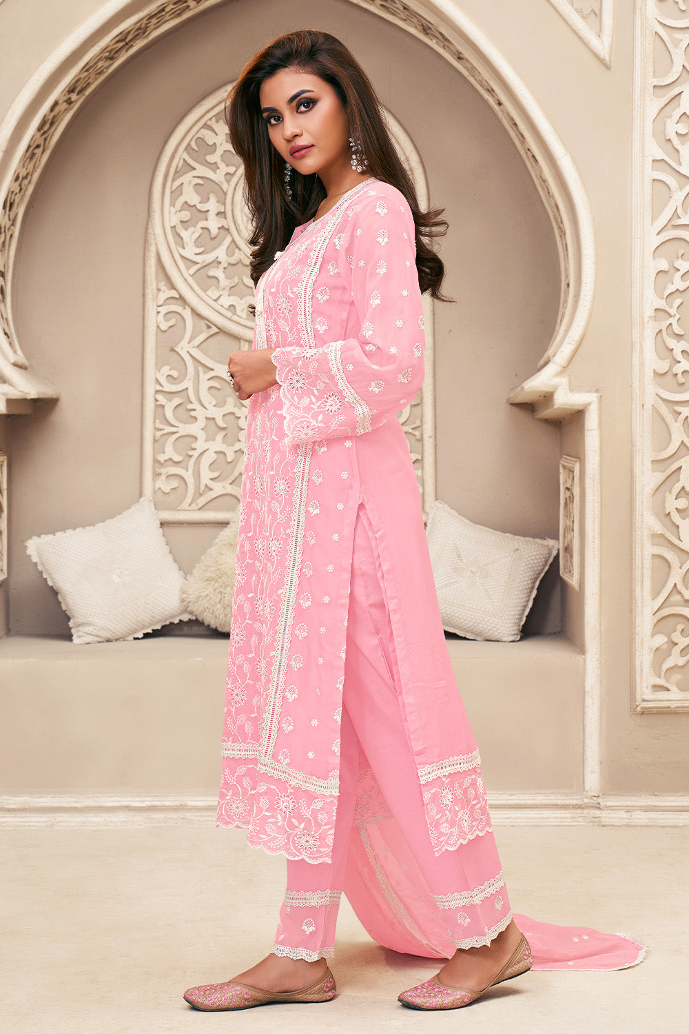 Pink Organza Resham Embroidered Straight Suit with Lining