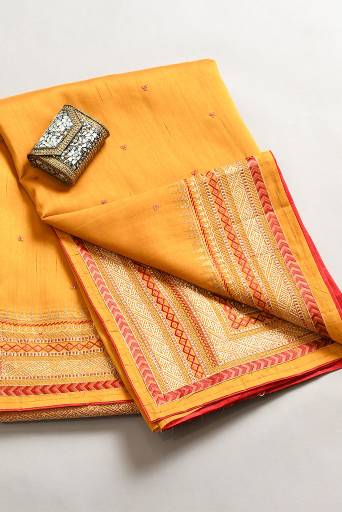 Mustard Color Tussar Silk Resham Embroidered Saree