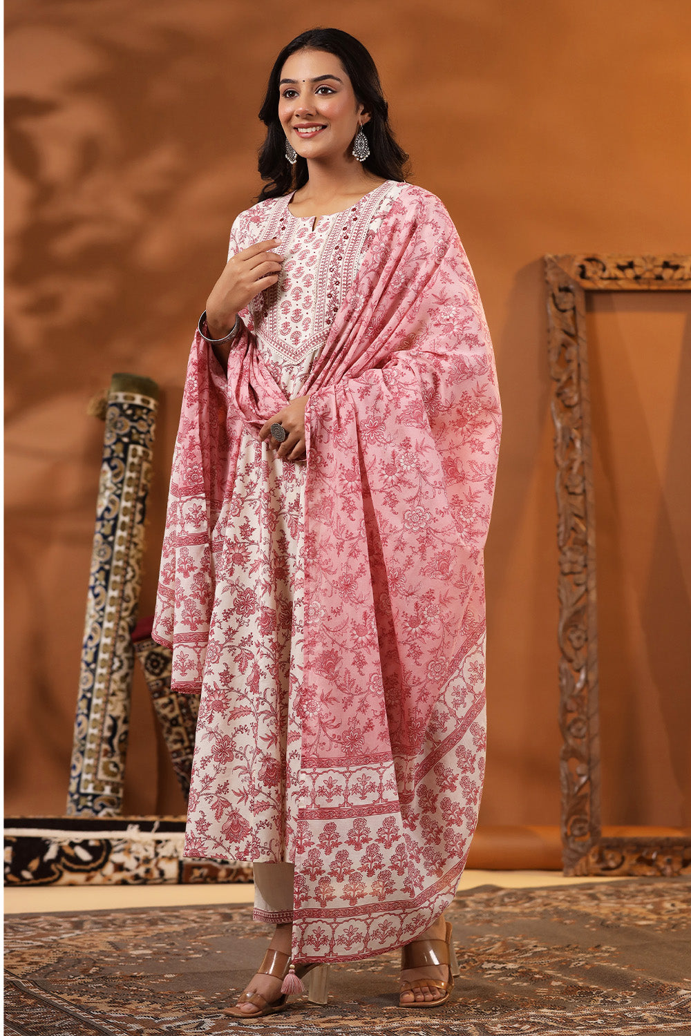 Cream & Pink Color Floral Printed Cotton Anarkali Suit