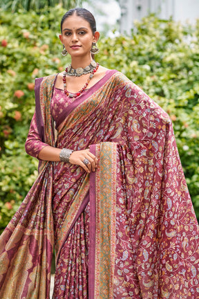 Wine Colour Floral Printed Pashmina Saree With Matching Shawl