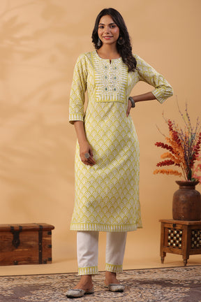 Lemon Green Color Printed Cotton Straight Suti