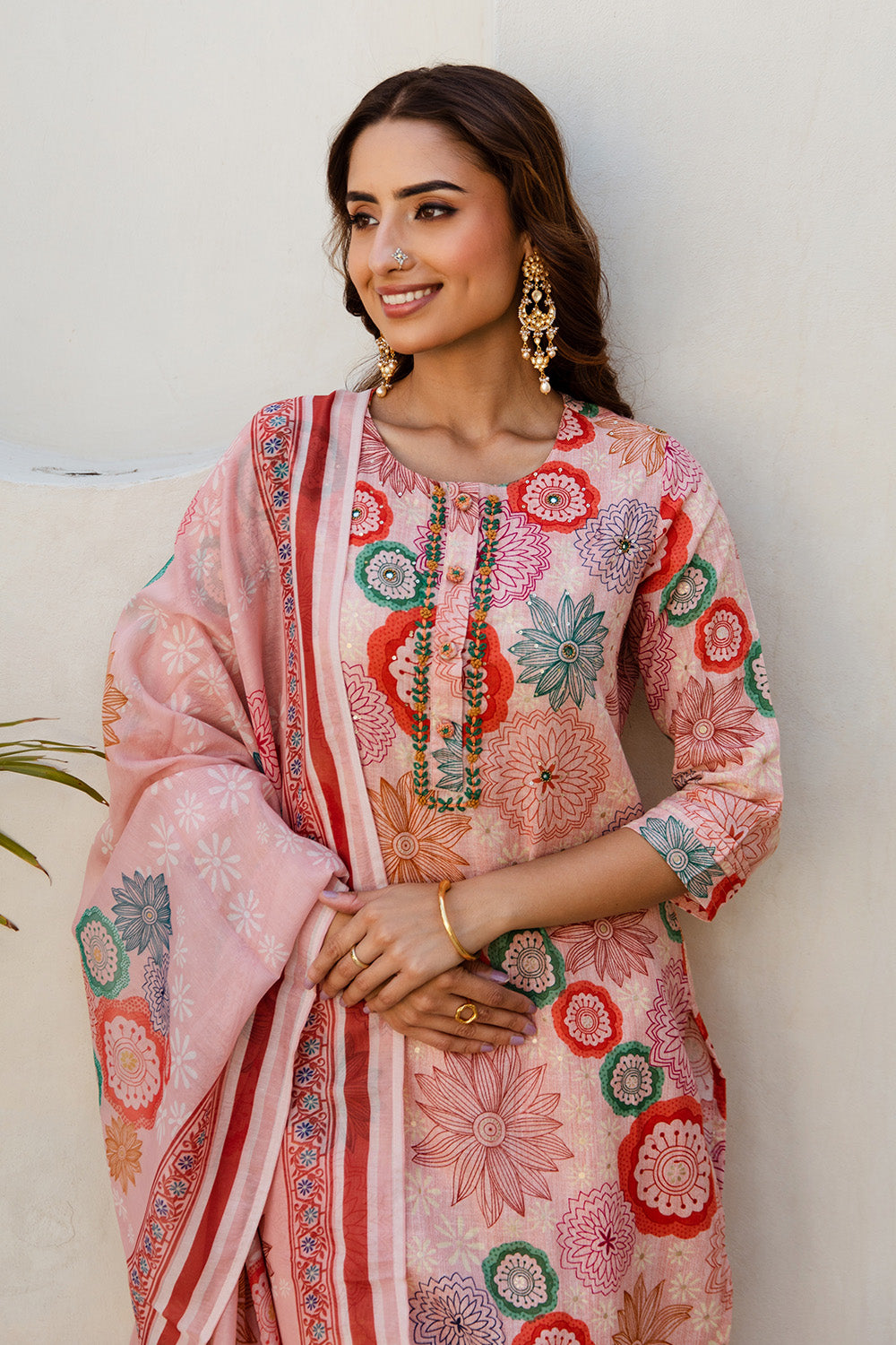 Peach Color Printed Cotton Straight Suit