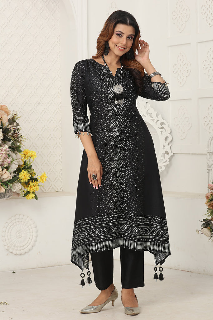 Black Color Chanderi Soft Cotton Printed Long Kurta Set