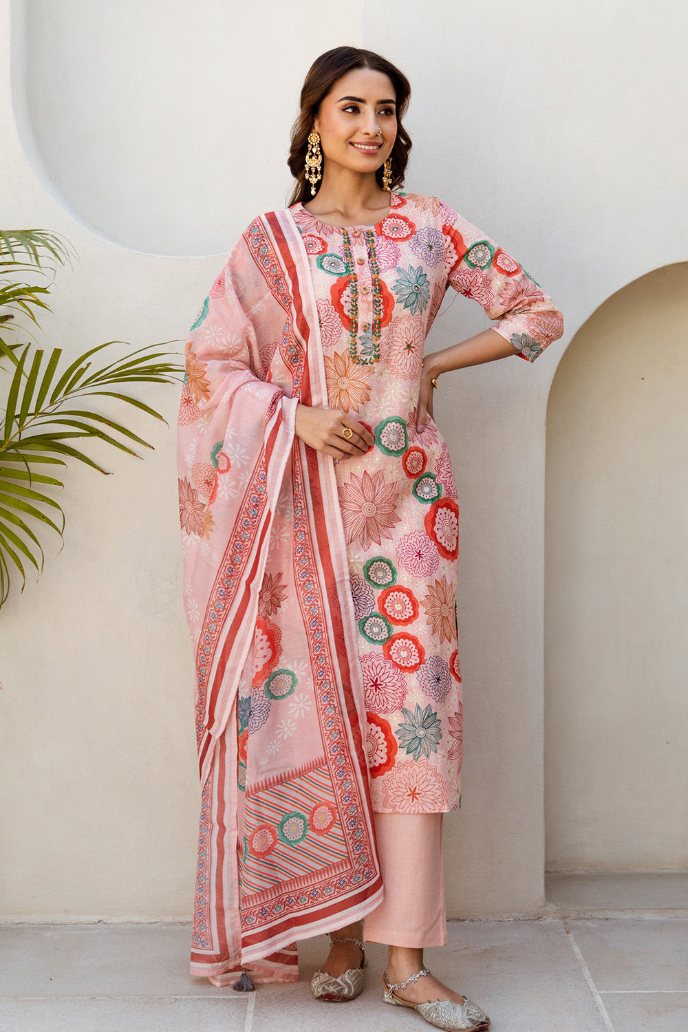 Peach Color Printed Cotton Straight Suit
