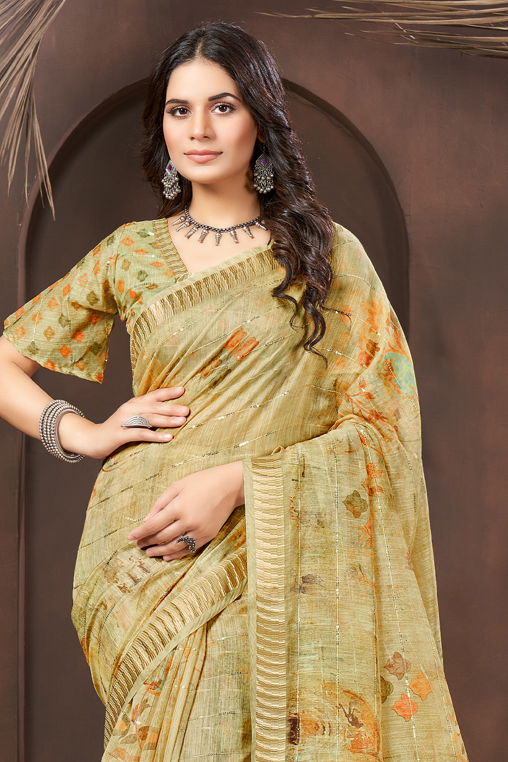 Sage Green Colour Cotton Floral Printed Saree