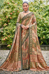 Grey Color Floral Printed Pashmina Saree With Matching Shawl