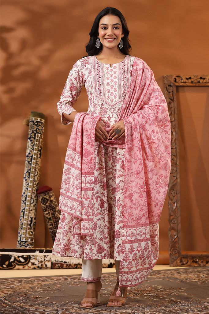 Cream & Pink Color Floral Printed Cotton Anarkali Suit