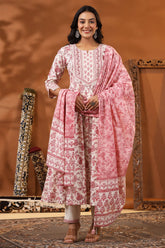 Cream & Pink Color Floral Printed Cotton Anarkali Suit