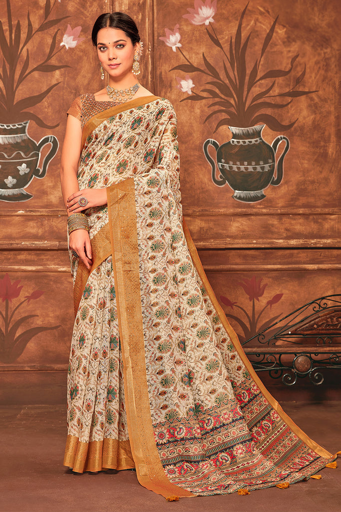 Beige & Mustard Color Digital Printed Cotton Saree