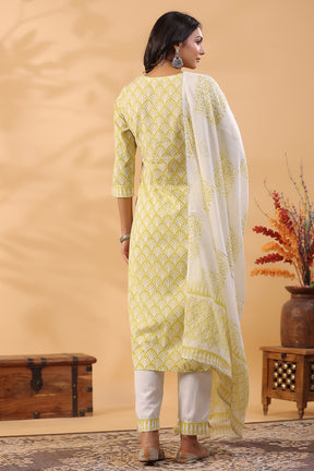 Lemon Green Color Printed Cotton Straight Suti