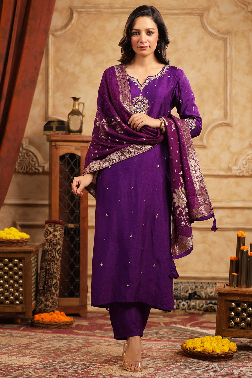 Deep Purple Color Silk Neck Embroidered Straight Suit