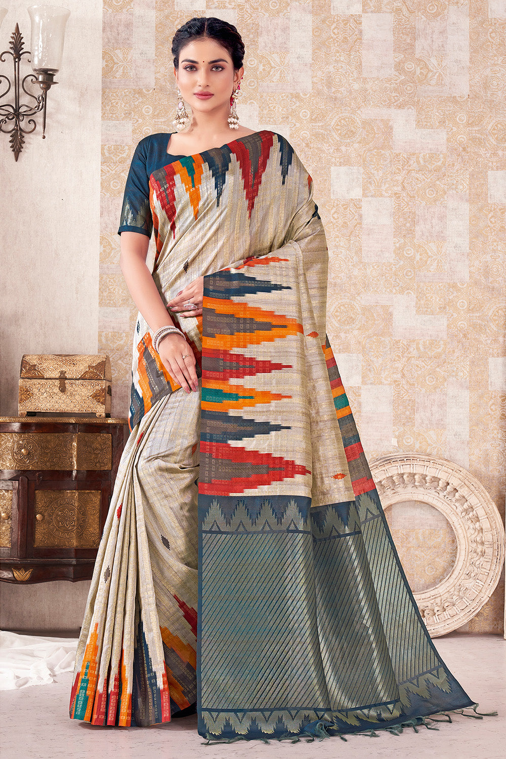 Grey Color Printed & Woven Silk Saree