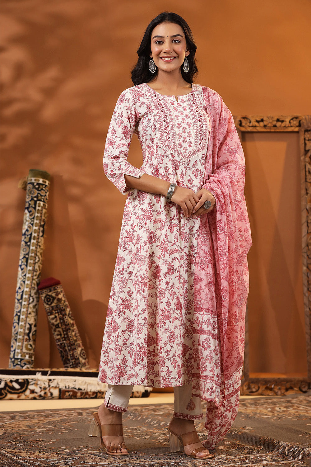 Cream & Pink Color Floral Printed Cotton Anarkali Suit