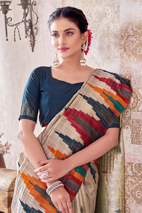 Grey Color Printed & Woven Silk Saree