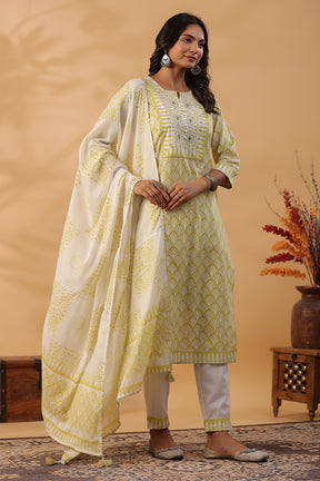 Lemon Green Color Printed Cotton Straight Suti