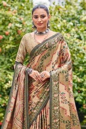 Grey Color Floral Printed Pashmina Saree With Matching Shawl