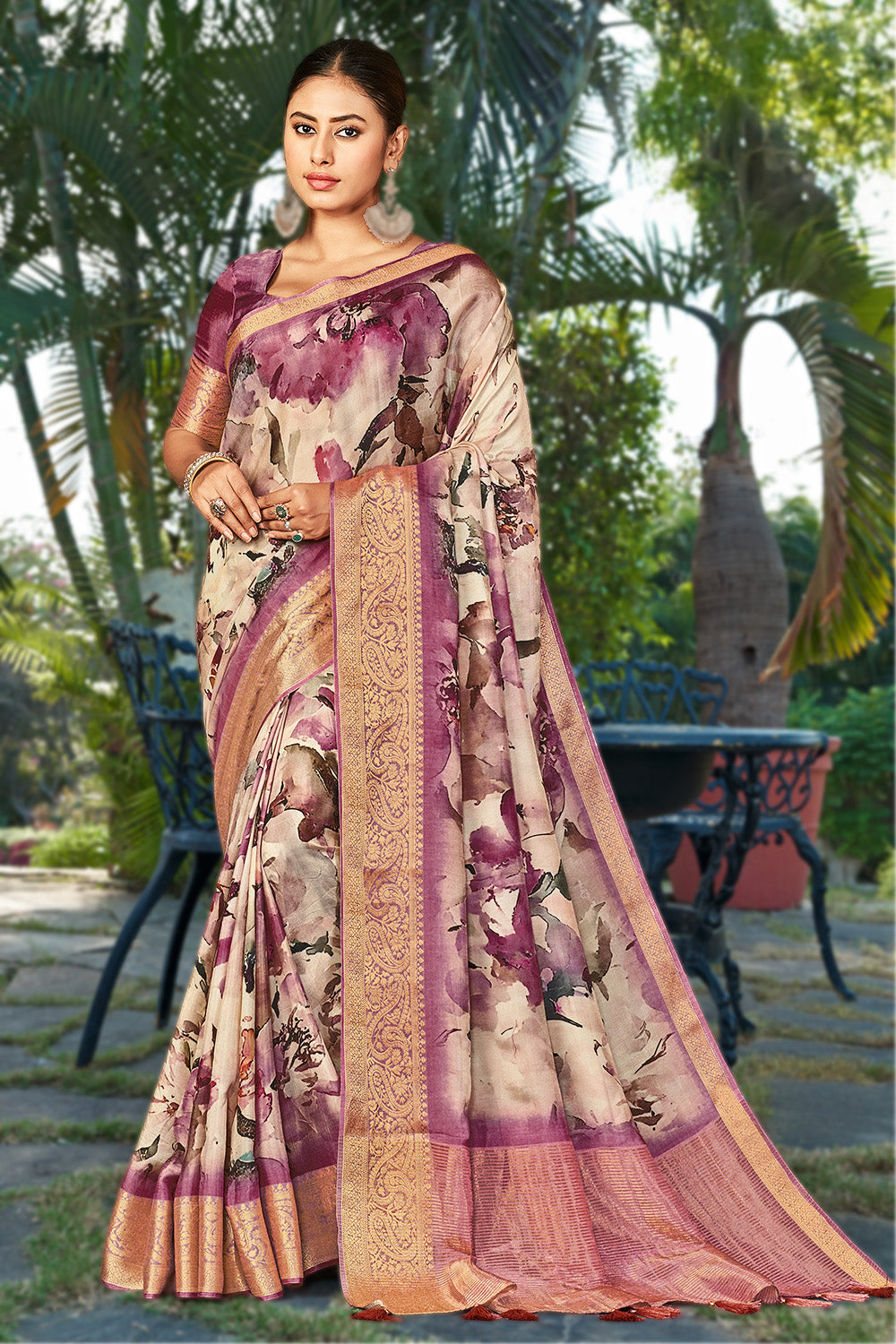 Mauve Color Modal Silk Printed & Woven Saree