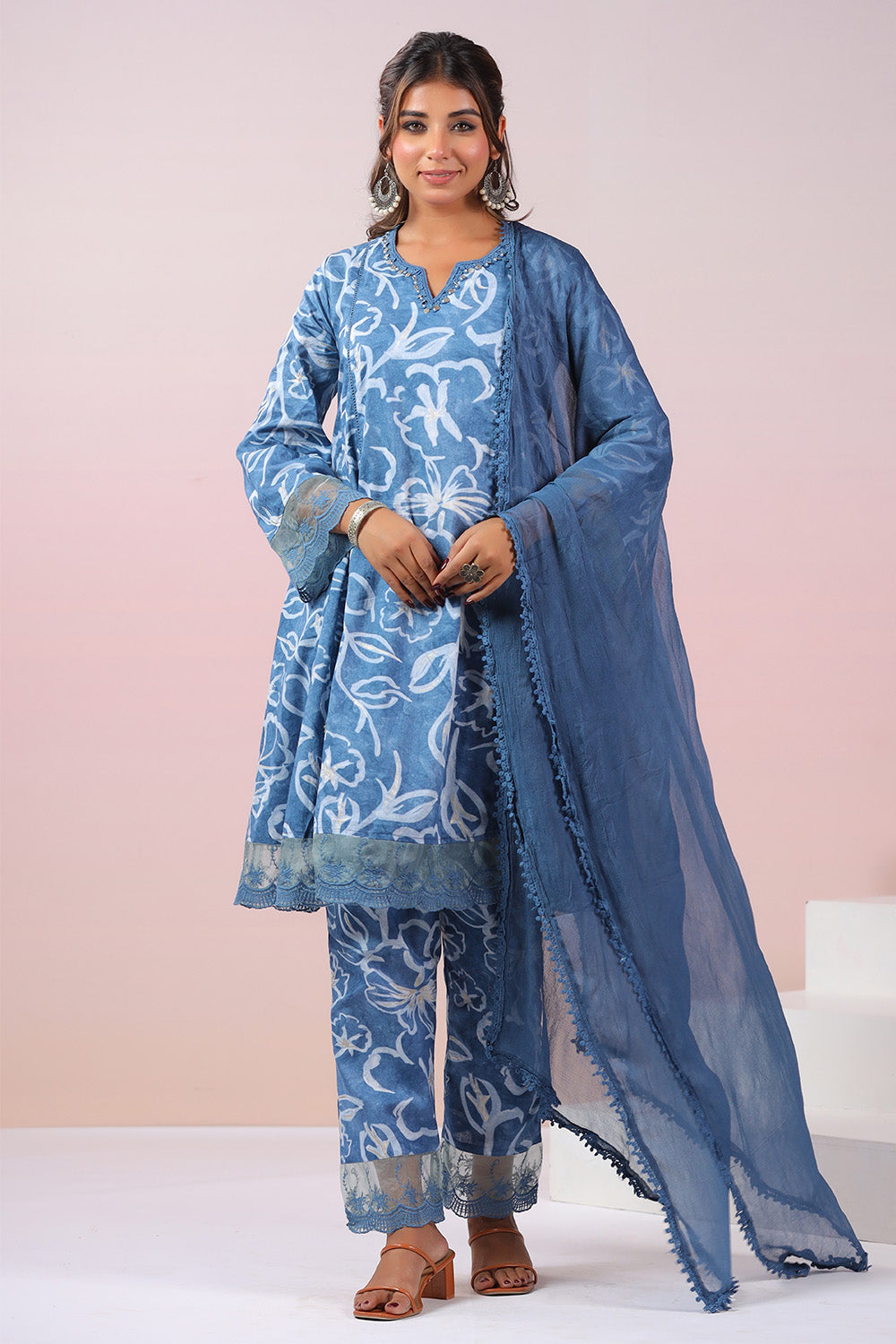 Blue Colour Cotton Printed Anarkali Suit