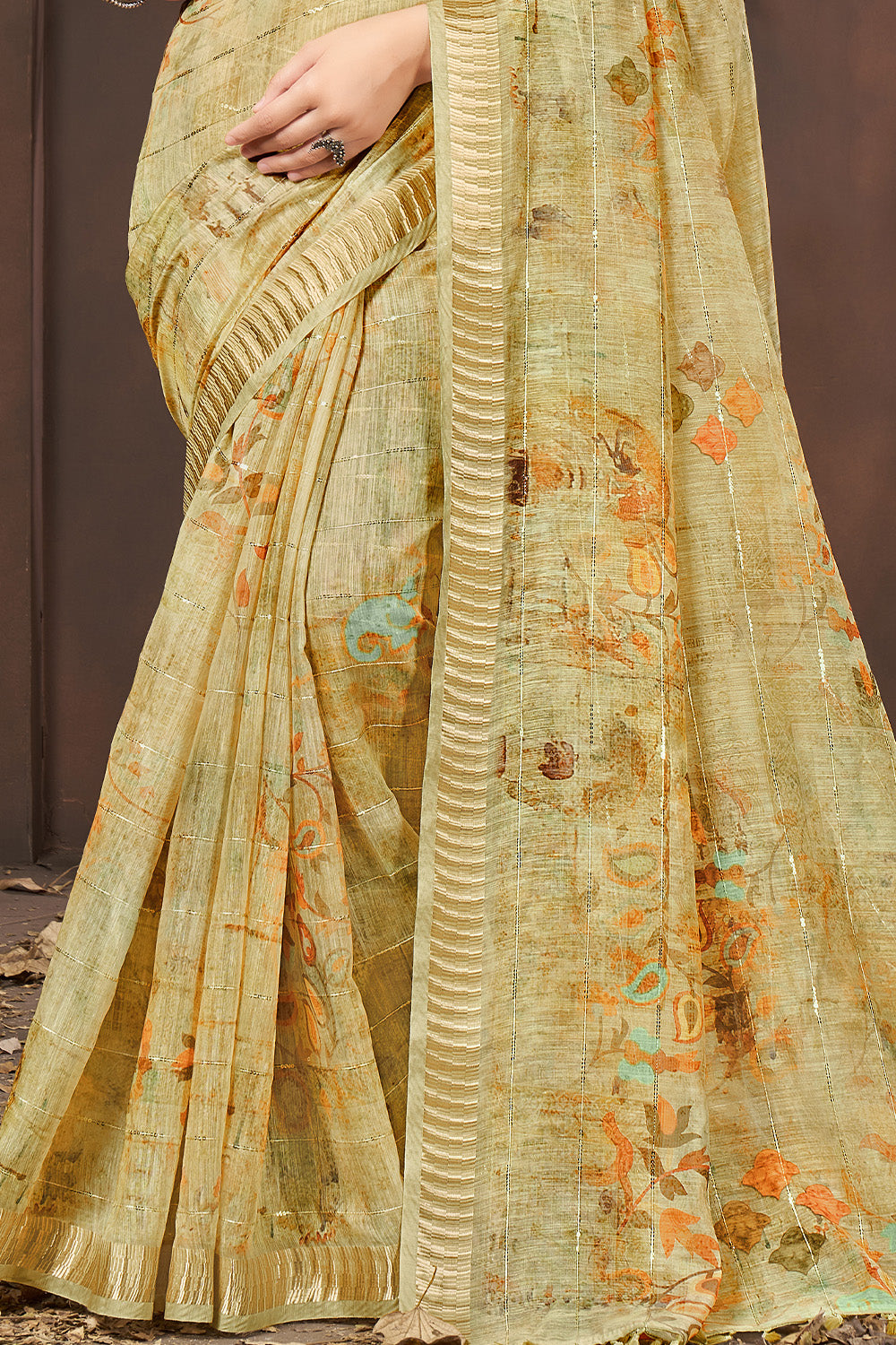 Sage Green Colour Cotton Floral Printed Saree