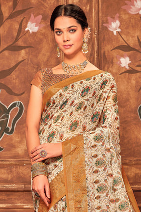 Beige & Mustard Color Digital Printed Cotton Saree