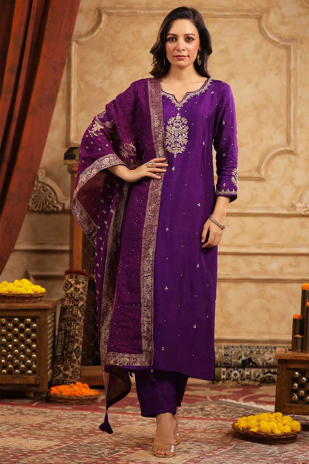 Deep Purple Color Silk Neck Embroidered Straight Suit