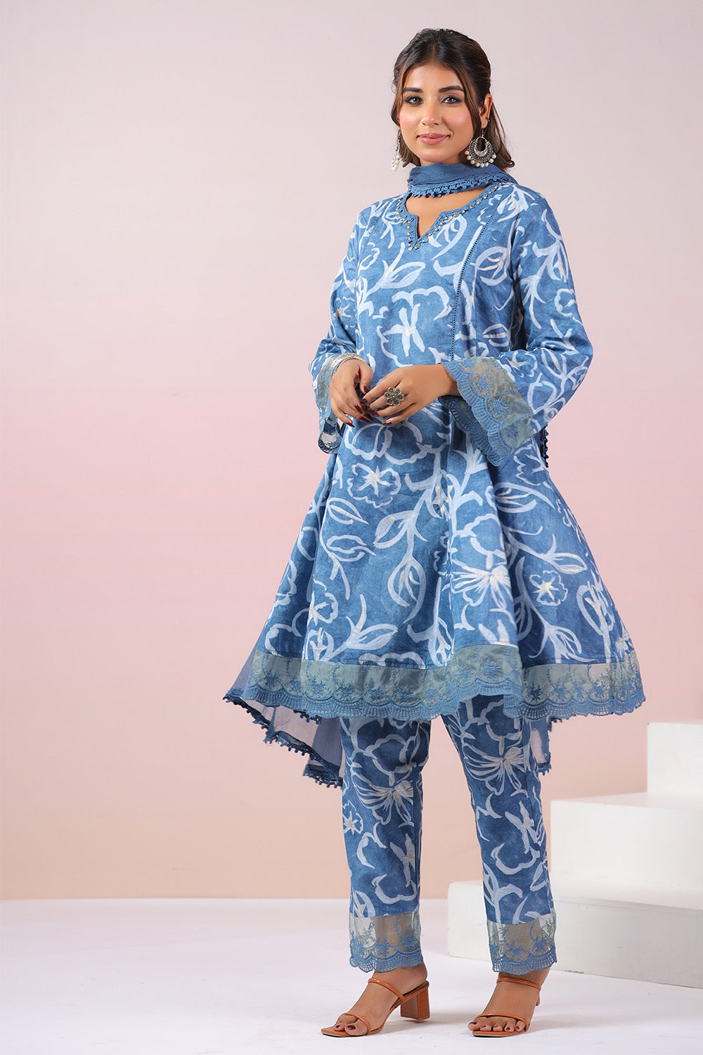 Blue Colour Cotton Printed Anarkali Suit