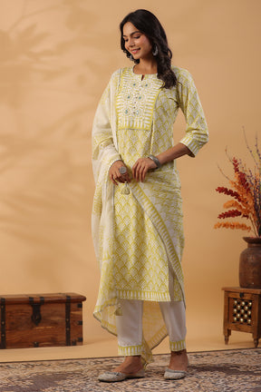 Lemon Green Color Printed Cotton Straight Suti