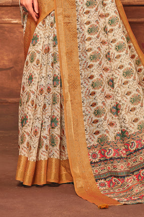 Beige & Mustard Color Digital Printed Cotton Saree