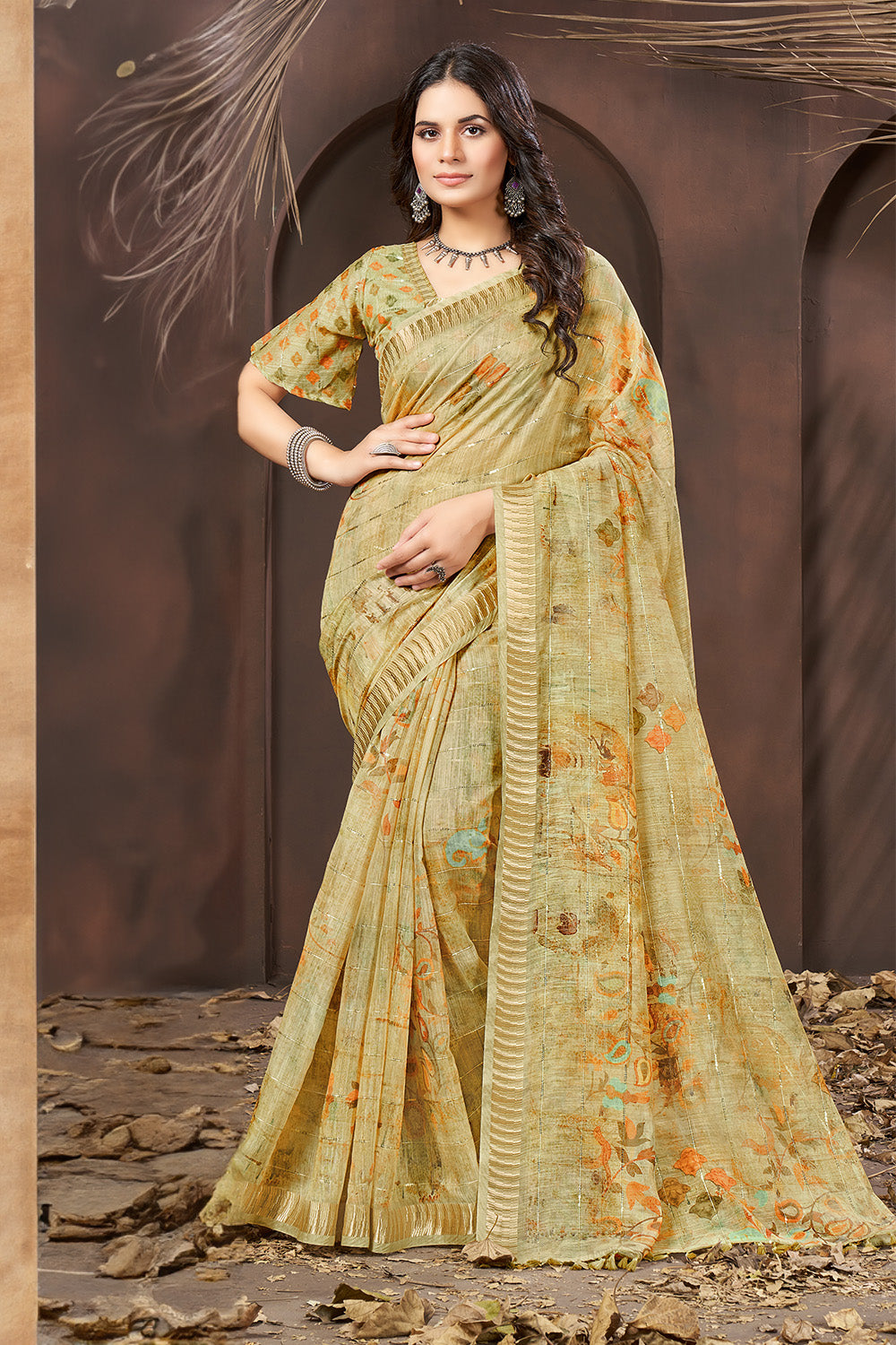 Sage Green Colour Cotton Floral Printed Saree