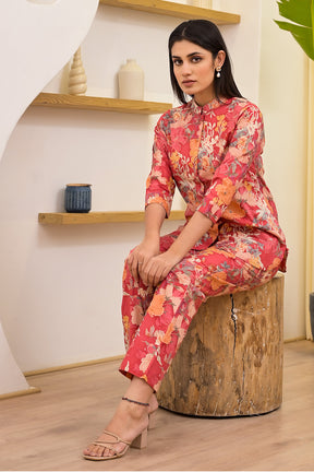 Rust Color Muslin Floral Printed Co-Ord Dress