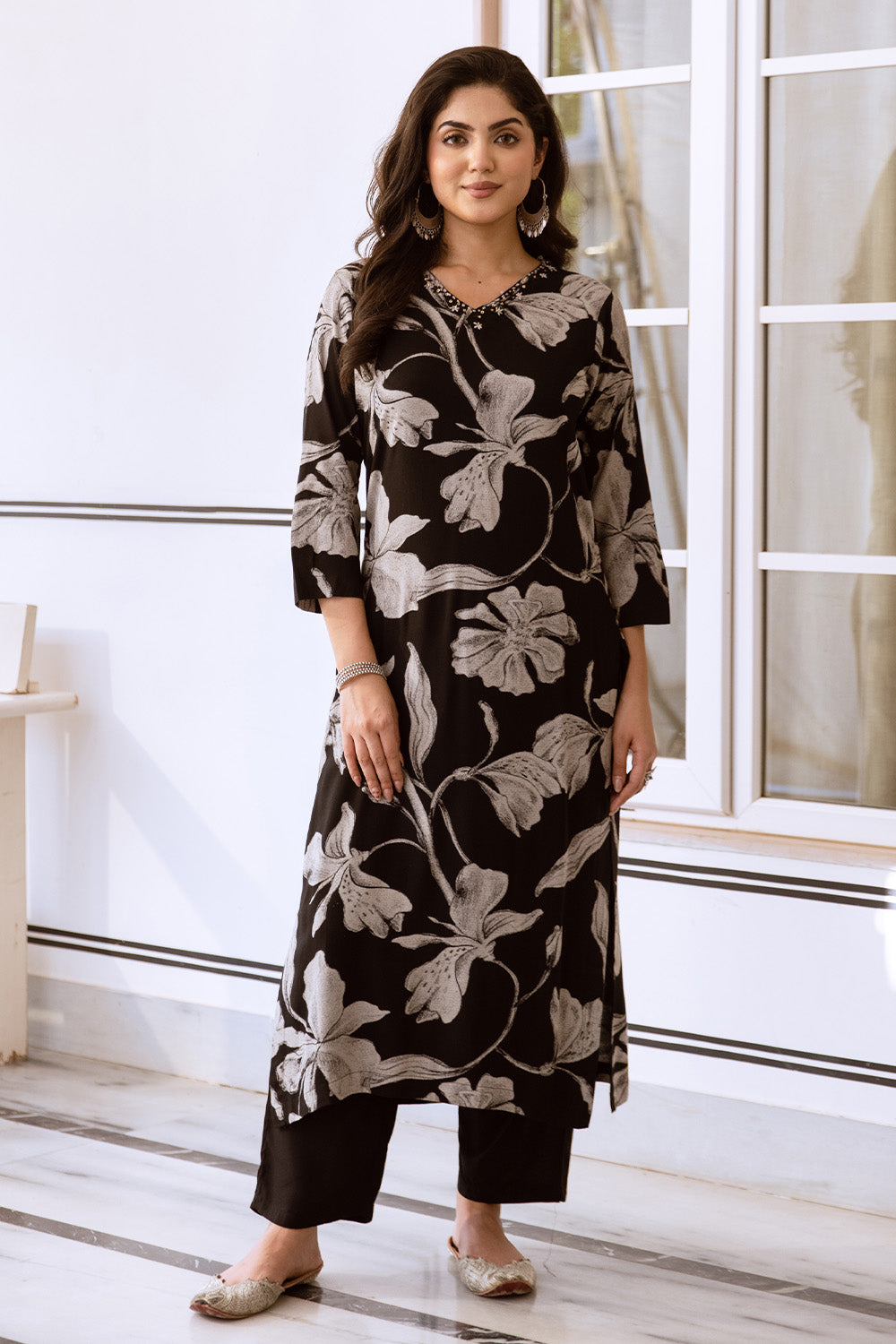 Black Color Printed Rayon Kurta Set