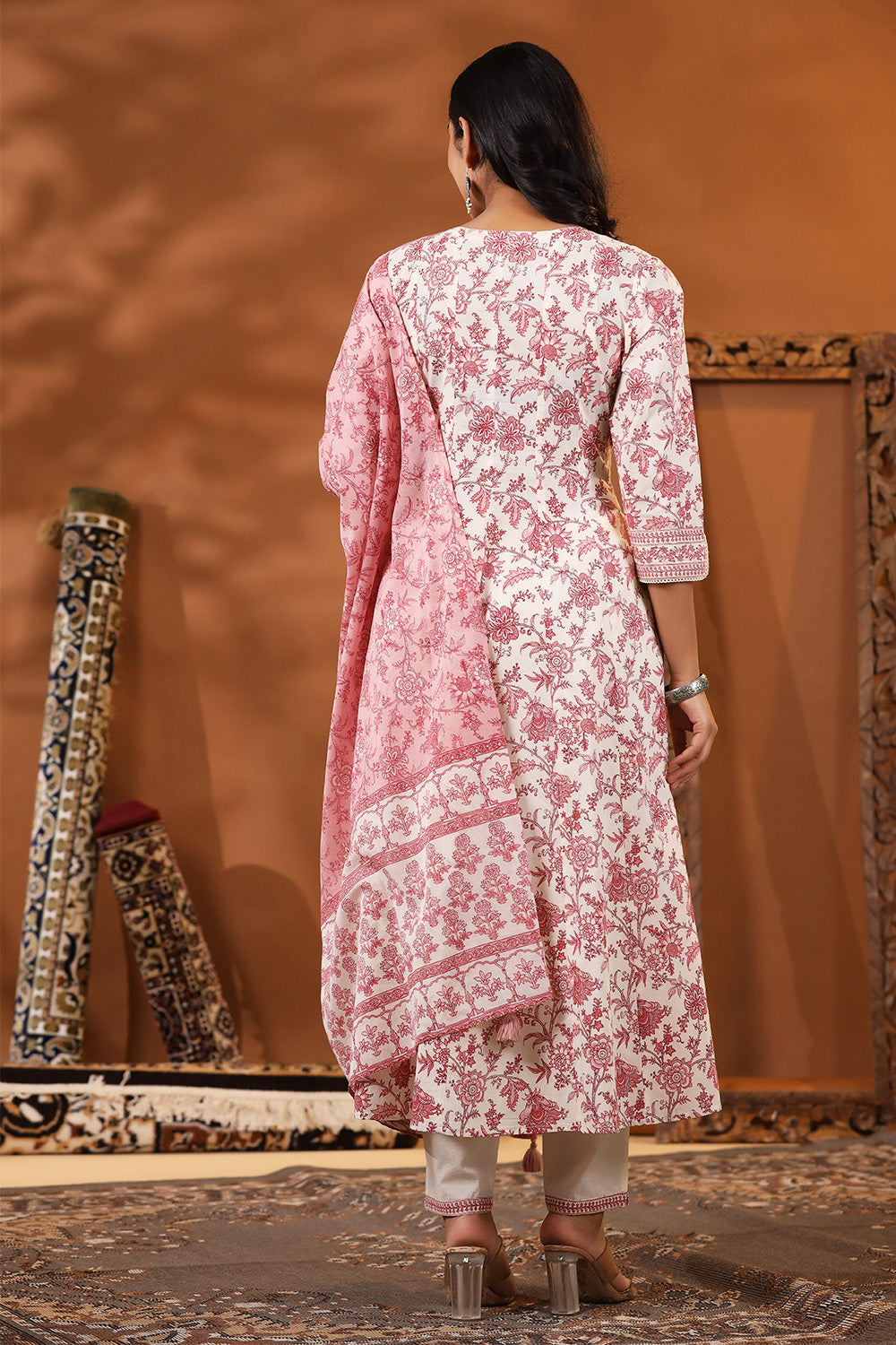 Cream & Pink Color Floral Printed Cotton Anarkali Suit