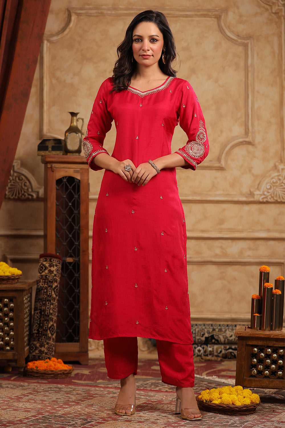 Red Color Silk Embroidered Straight Suit With Woven Dupatta