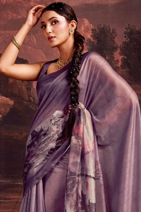 Lavender Color Printed Chanderi Cotton Saree